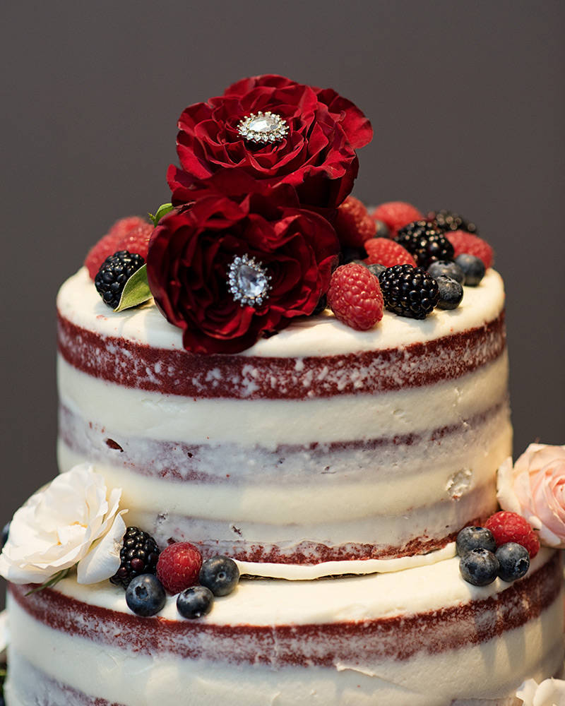 Red and white wedding cake.
